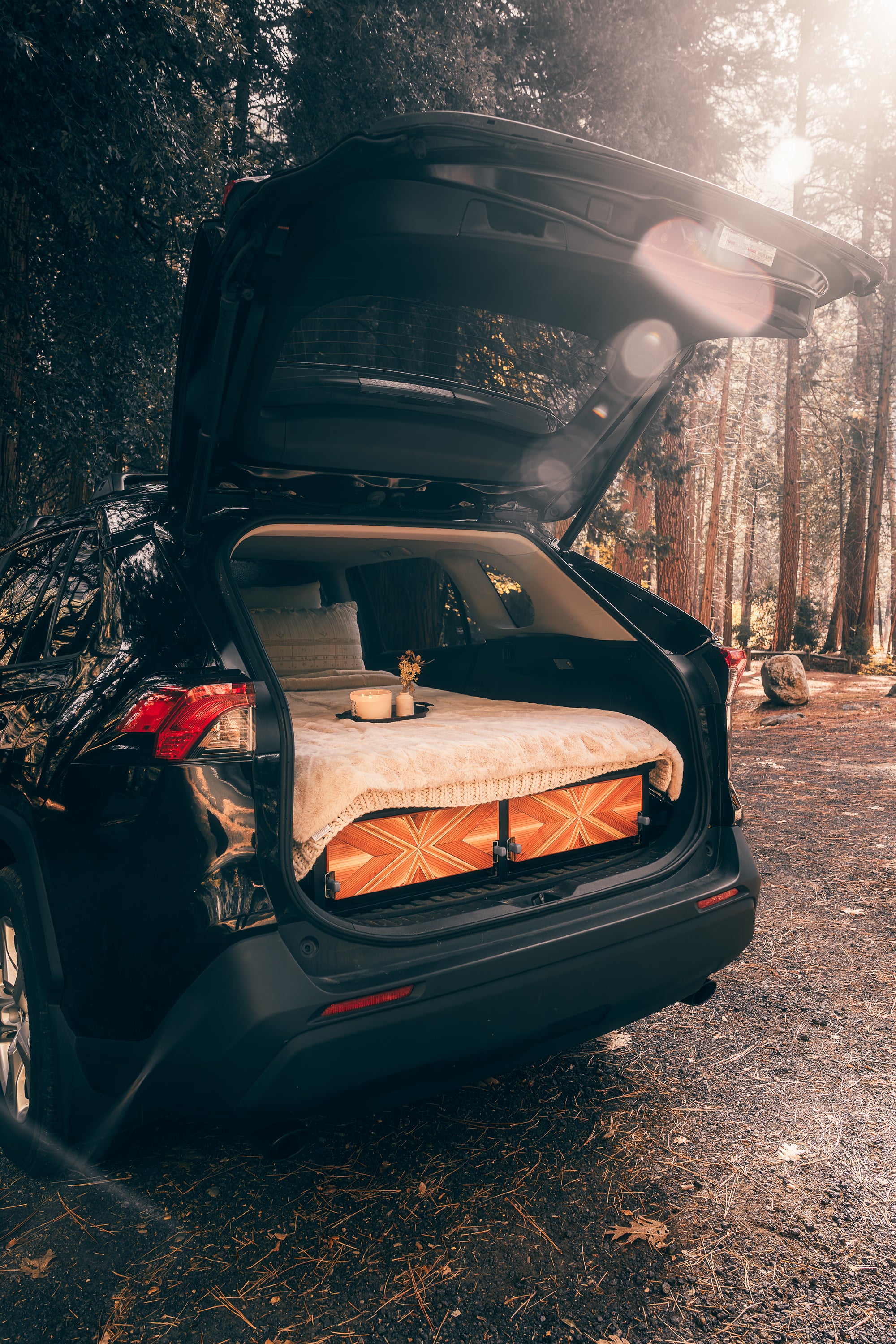 camper bed inside a toyota rav4 in a forest