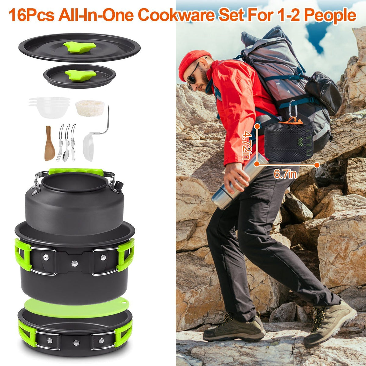 16-Piece Camp Cookware Set with Kettle and Utensils
