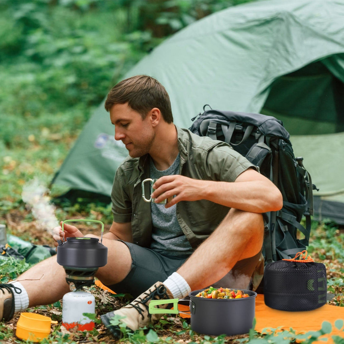 16-Piece Camp Cookware Set with Kettle and Utensils